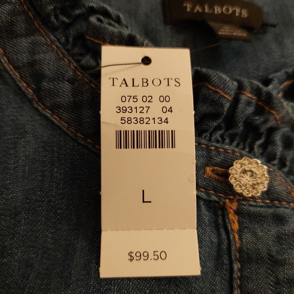 Talbots Wms Ruffle Collar Denim Popover Cotton Shirt Sparkle Buttons L NEW! $100 - Picture 8 of 13